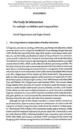 The body in interaction. Its multiple modalities and temporalities