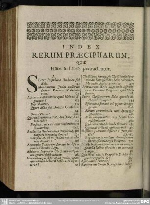 Index Rerum Praecipuarum, Quae Hisce in Libris pertractantur