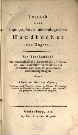 Versuch eines topographisch-mineralogischen Handbuches von Ungarn