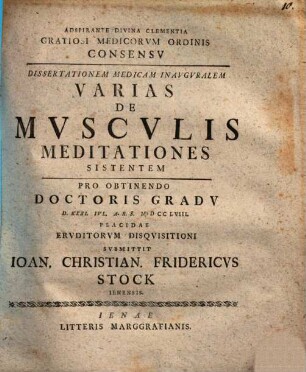 Dissertationem Medicam Inavgvralem Varias De Mvscvlis Meditationes Sistentem
