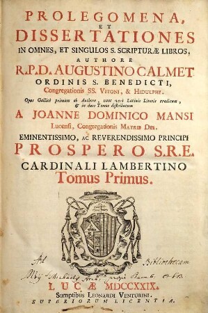 Prolegomena, Et Dissertationes In Omnes, Et Singulos S. Scripturae Libros. 1