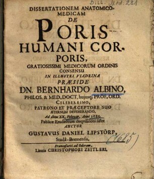 Dissertationem Anatomico-Medicam De Poris Humani Corporis