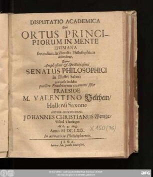 Disputatio Academica Qua Ortus Principiorum In Mente Humana secundum Aristotelis Philosophiam defenditur