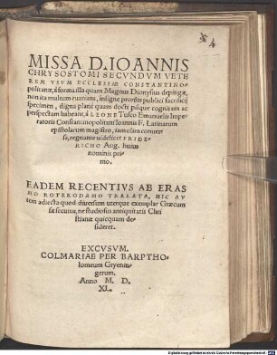 Missa D. Ioannis Chrysostomi Secvndvm Veterem Vsvm Ecclesiae Constantinopolitanae ...