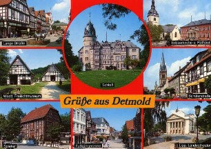 Postkarte. Grüße aus Detmold. Lange Straße, Westf. Freilichtmuseum, Spieker, Fußgängerzone, Lipp. Landestheater, Schülerstraße, Erlöserkirche u. Rathaus, Schloß