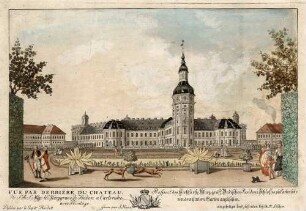 Prospect des Hochfürstl. Marggräfl. Badischen Residenz Schlosses zu Carlsruhe von dem hinteren Garten anzusehen - Vue par derrière du chateau de S. A. D. Msgr. le Marggrave de Baden a Carlsruhe
