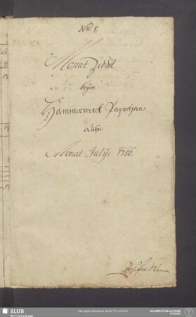 Monat Zeddel beÿm Hammerwerck Paprozan aufn Monat Julij 1750