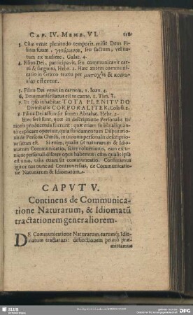 Caput V. Continens de Communicatione Naturarum, & Idiomatu[m] tractationem generaliorem