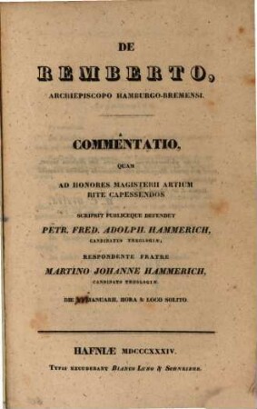 De Remberto, archiepiscopo Hamburgo-Bremensi Commentatio