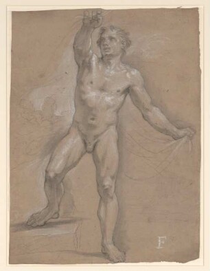 Vouet, Simon: Zeichnungen I, Blatt 24: Von einer Stufe herabschreitende männliche Aktfigur mit angedeuteter Draperie hinter sich - BSB Cod.icon. 397 a(24