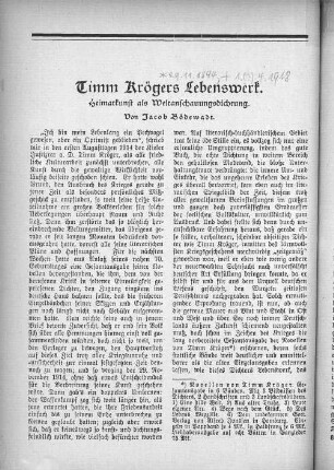 Timm Krögers Lebenswerk. Heimatkunst als Weltanschauungsdichtung. Von Jacob Bödewadt.