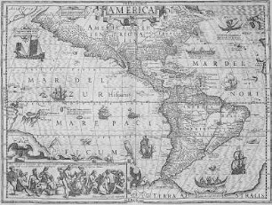 Atlas von Mercator-Hondius: Karte von Amerika mit Bildleiste (Bierherstellung bei Indianern) : Bierherstellung bei d. Indianern, 1613