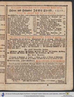 Landkalender auf das Jahr nach der gnadenreichen Geburt unsers Herrn und Heilandes Jesu Christi, 1800.