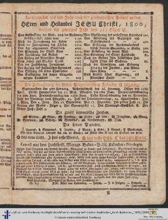 Landkalender auf das Jahr nach der gnadenreichen Geburt unsers Herrn und Heilandes Jesu Christi, 1800.