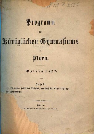 Programm des Königlichen Gymnasiums zu Ploen : Ostern ..., 1876/77