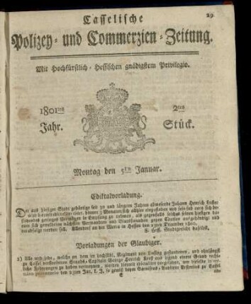 2tes Stueck, Montag den 5ten Januar 1801
