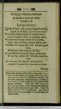 Philippi Melanchthonis in laudem inclytae urbis Torgae Epigramma