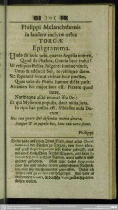 Philippi Melanchthonis in laudem inclytae urbis Torgae Epigramma