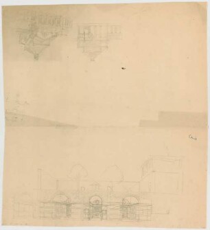 Thiersch, August ; München; Bestattungspark, Projekt - Gebäude (Perspektiven, Schnitt)