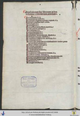 Opusculorum sive librorum in hoc volumine contentorum annotatio.