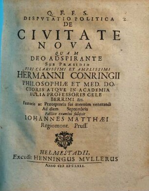 Disputatio politica De civitate nova