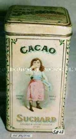 Blechdose für "CACAO SUCHARD" (Abbildung eines Mädchens, Kusshand werfend)