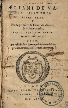 Aeliani De Varia Historia : Libri XIIII.
