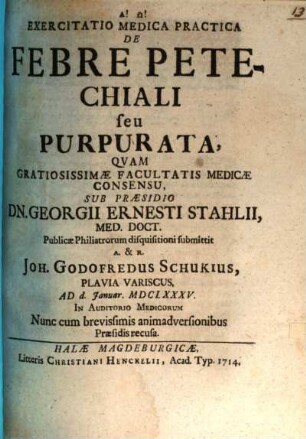 Exercitatio Medica Practica De Febre Petechiali seu Purpurata