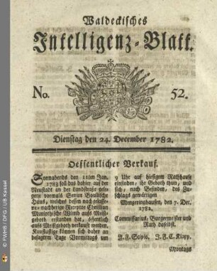 No. 52, Dienstag den 24. December 1782