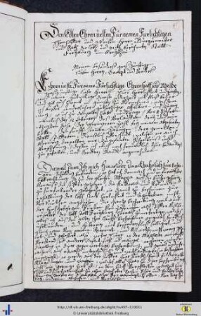 Den Edlen Ehrenvesten Fürnemen Furlichtigen […] Herrn Burgermaister und Rath der löbl. […] Statt Freyburg im Breysgau.