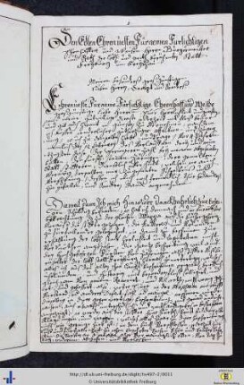 Den Edlen Ehrenvesten Fürnemen Furlichtigen […] Herrn Burgermaister und Rath der löbl. […] Statt Freyburg im Breysgau.