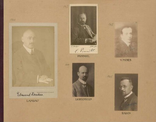 Bl. 29: Fotografien der Mathematiker Edmund Landau, Richard von Mises, Leon Lichtenstein und Johann Radon sowie des Physikers Ludwig Prandtl, 1920 - 1922