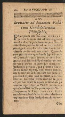 XIV. Invitatio ad Examen Publicum Candidatorum Philosophiae.