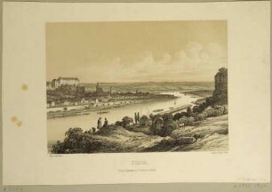 Stadtansicht von Pirna mit dem Sonnenstein und der Marienkirche von Posta aus Nordosten über die Elbe