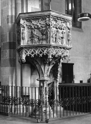 Kanzel : Kanzel. Sandstein (1513-1514; H. Lutz). Bozen, Propsteikirche Unserer Lieben Frau (Stadtpfarrkirche Mariä Himmelfahrt)