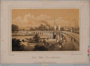 Die Eisenbahnbrücke (Marienbrücke) in Dresden, Blick vom Neustädter Brückenkopf nach Südwesten über die Elbe und die Brücke, im Hintergrund die Friedrichstadt