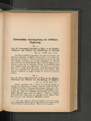 Diplomatische Korrespondenz der serbischen Regierung.