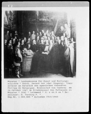 Trauerfeier am Katafalk des spanischen Gesandten Philipp de Bergaigne, Erzbischof von Cambray, am 24.Oktober 1647 im Friedenssaal des Rathauses zu Münster