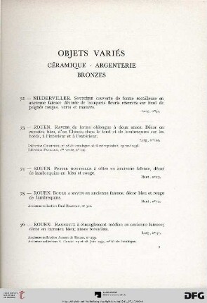 Objets variés céramique - argenterie bronzes avec planches XII-XIV (Nr. 72-108)
