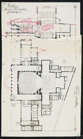 Kroll’sches Etablissement (auch: Krolloper, Oper am Königsplatz), Berlin: Grundriss und Längsschnitt