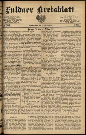 Erste Ausgabe vom Samstag, den 03. September 1892.