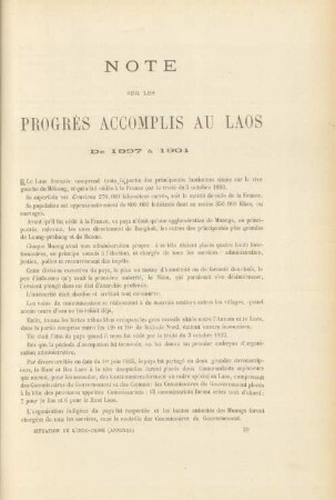 Note sur les progrès accomplis au Laos