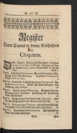 Register Derer Capitel in denen Geschichten derer Chiquitos.