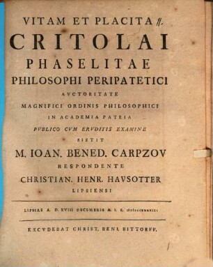 Vitam et placita Critolai Phaselitae, philosophi peripatetici