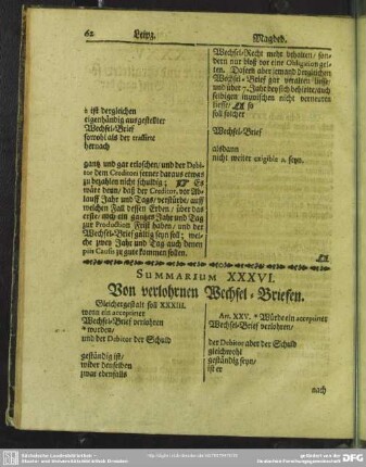 Summarium XXXVI. Von verlohrnen Wechsel-Briefen