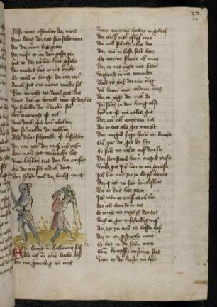 Zweikampf zwischen einem Ritter mit Schwert und einem Mann mit Knüppel; (Von einem Amtmann und einem Ritter, Kapitel LXII nach Pfeiffer)
