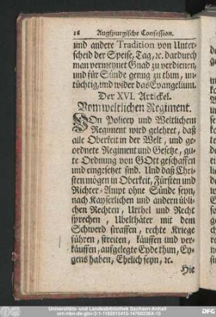 Der XVI. Artickel. Vom weltlichen Regiment.