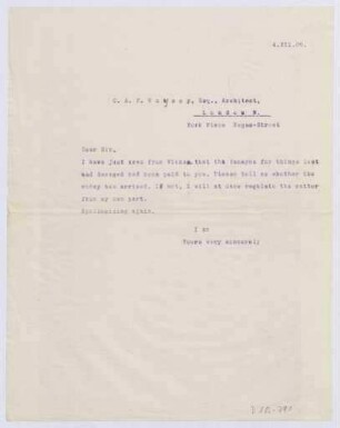 Schreiben an Charles F. A. Voysey, Architect, London (Brief)