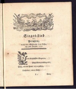 Sieges-Lied der Preußen, nach der Schlacht bey Lißa, den 5ten Decembr. 1757.