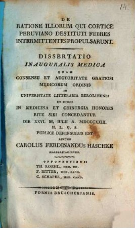 De ratione illorum qui cortice peruviano destituti febres intermittentes propulsarunt : Diss. inaug. med.